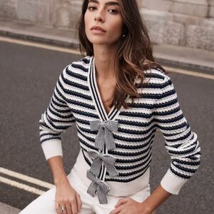 Mint Velvet Blue Striped Cotton Blend Bow Cardigan Large NWT